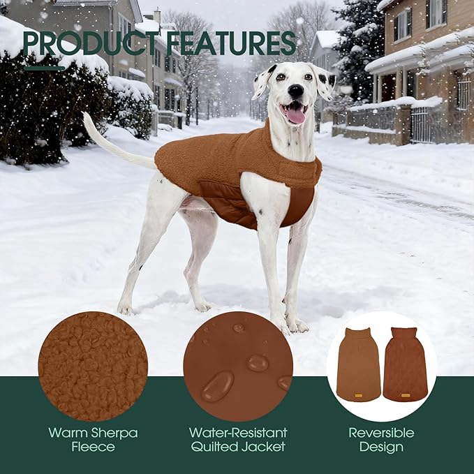 Kuoser Reversible Dog Coat – Warm Fleece & Quilted Waterproof Dog Jacket, Double-Sided Cold Weather Dogs Winter Coat with Harness Hole, Windproof Pet Snow Vest for Small Medium Large Dogs, Brown XS