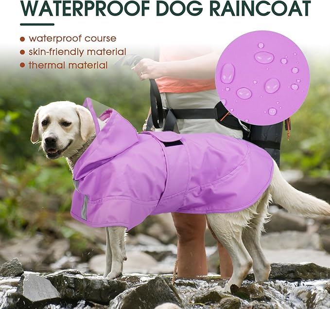 Kuoser Dog Raincoat, Waterproof Dog Rain Jacket with Clear Hooded Double Layer, Lightweight Reflective Dogs Rain Coat with Adjustable Belly Strap, Rain Coats for Large Dogs Outdoor Wear, Pink XL