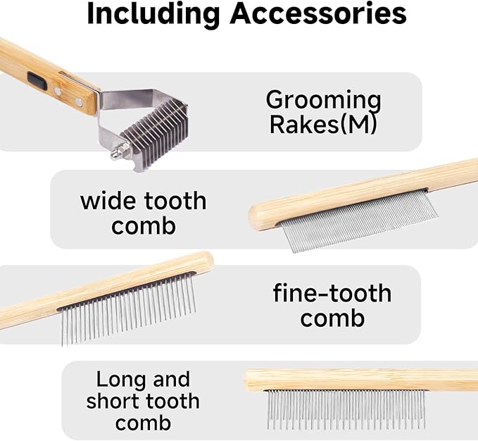 Bamboo Undercoat Rake & Deshedding Comb Set - 4 Piece Pet Grooming Kit with Detangling Brush for Matted Fur Removal, Gentle Massage and Deep Cleaning for Dogs and Cats