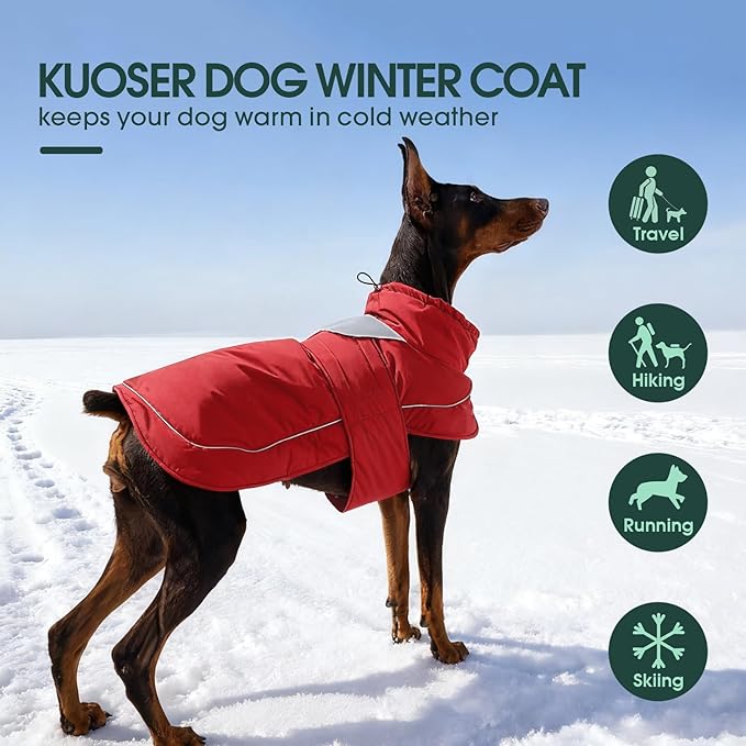 Kuoser Dog Jacket, Dog Coats for Large Dogs, Winter Waterproof Big Doggie Vest, Reflective Dogs Cold Weather Coat, Windproof Turtleneck Pet Puffer Jacket Snowsuit Clothes with Harness Hole