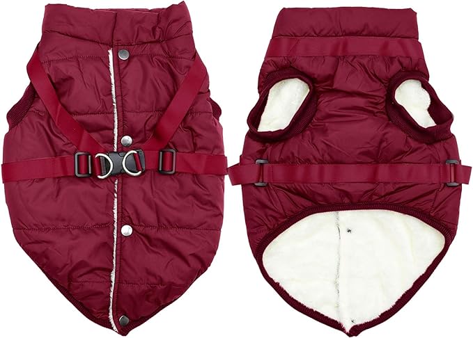 Dog Jacket with Harness,Fleece Lined Warm Puppy Coat for Winter,Soft Windproof Small Dog Vest,Red XS