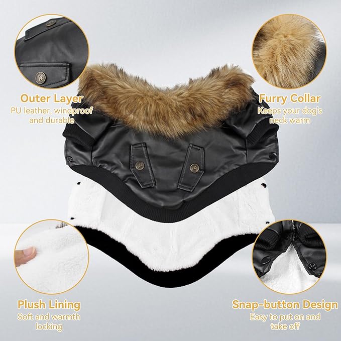 PETLESO Dog Coat for Small Dogs, Dog Leather Jacket Waterproof Windproof, Double Layer Warm Dog Winter Coat with Plush Lined, Black M