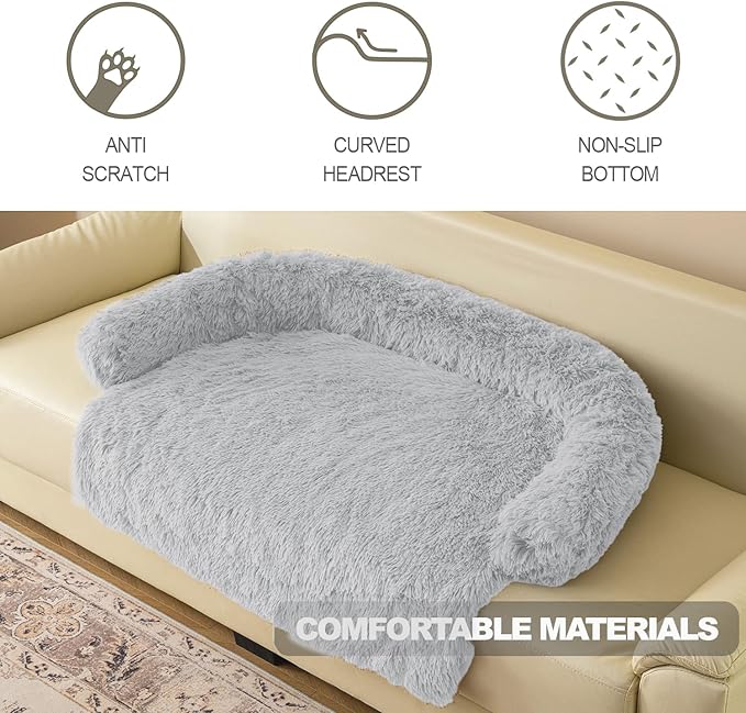 Calming Dogs/Cats Bed Mats, Dog Pad Washable Removable Couch Cover, Plush Long Fur Mat for Pets, Waterproof Lining, Perfect for Small, Medium and Large Dogs and Cats (Light Gray, 45"x37")