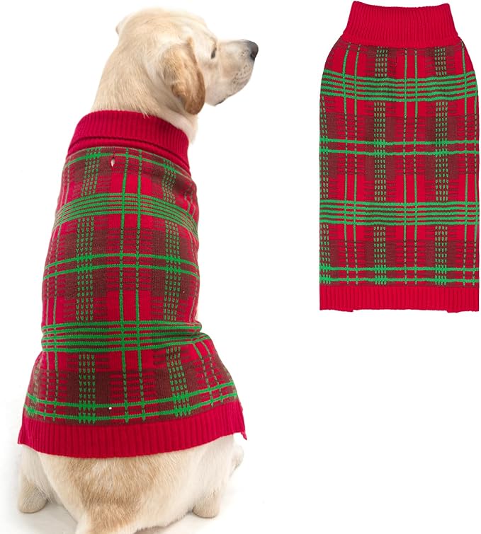 PUPTECK Dog Christmas Sweaters for Large Medium Small Dogs - Fall Outfit Classic Plaid Style Puppy Holiday Winter Coat Clothes Warm, Red & Green, XL