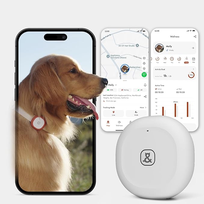 Molly&Cody GPS + Bluetooth Pet Tracker for Cats & Dogs – Real‑Time Tracking, Virtual Fence, IP67 Waterproof, Up to 60‑Day Battery, Health Monitoring, iOS/Android – 3‑Month Subscription Included(White)