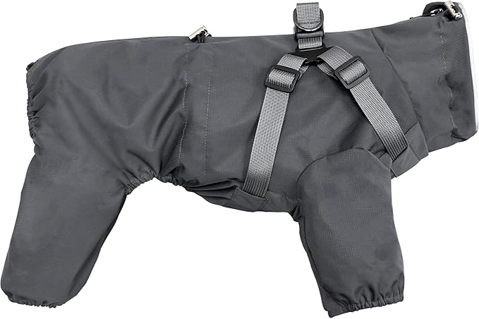Mile High Life Waterproof Dog Raincoat, Full Coverage Small Dog Rain Coat with Harness, Adjustable 4 Legs Puppy Rain Jacket with Reflective Strip and Elastic Cuffs (Gray, S Back Length 13")