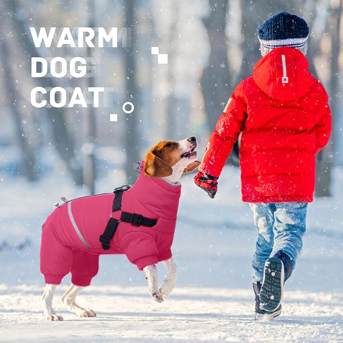 BRKURLEG Dog Winter Coat with Harness Built in, Winter Dog Jacket for Small and Medium Dogs, Small Dogs Snowsuit Reflective Windproof Cold Weather Coat, Puppy Warm Fleece Coats, Hot Pink, L