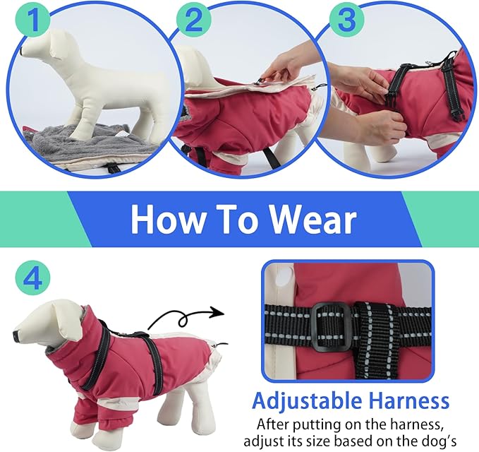 MIGOHI Dog Coat with Harness Built in, 2-in-1 Thermal Dog Jacket, Reflective Snowsuit for Large Dogs, Fleece Lined with Turtleneck, Adjustable Buckle Coats, Border Collies, Pink, XL