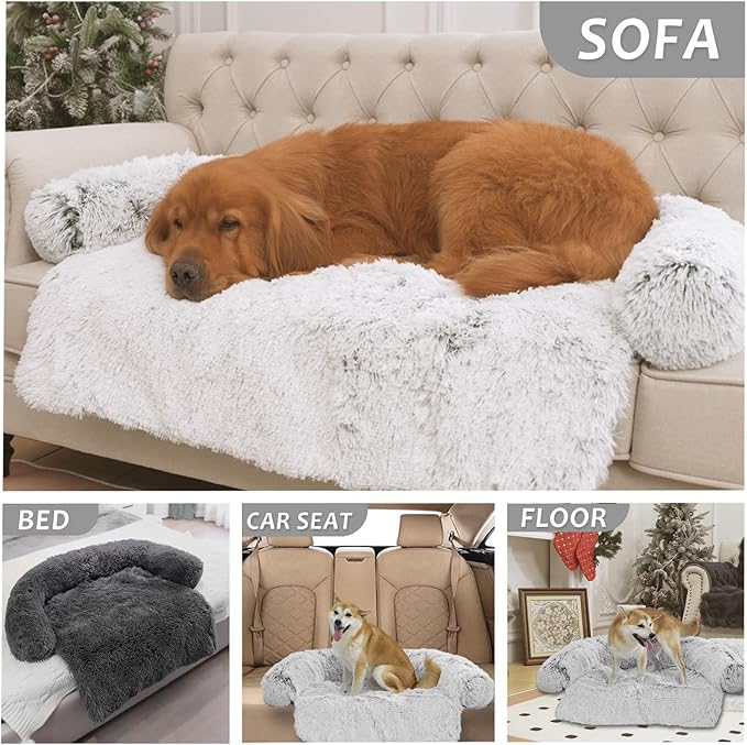 Calming Dogs/Cats Bed Mats, Dog Pad Washable Removable Couch Cover, Plush Long Fur Mat for Pets, Waterproof Lining, Perfect for Small, Medium and Large Dogs and Cats (Light Gray, 21"x21")