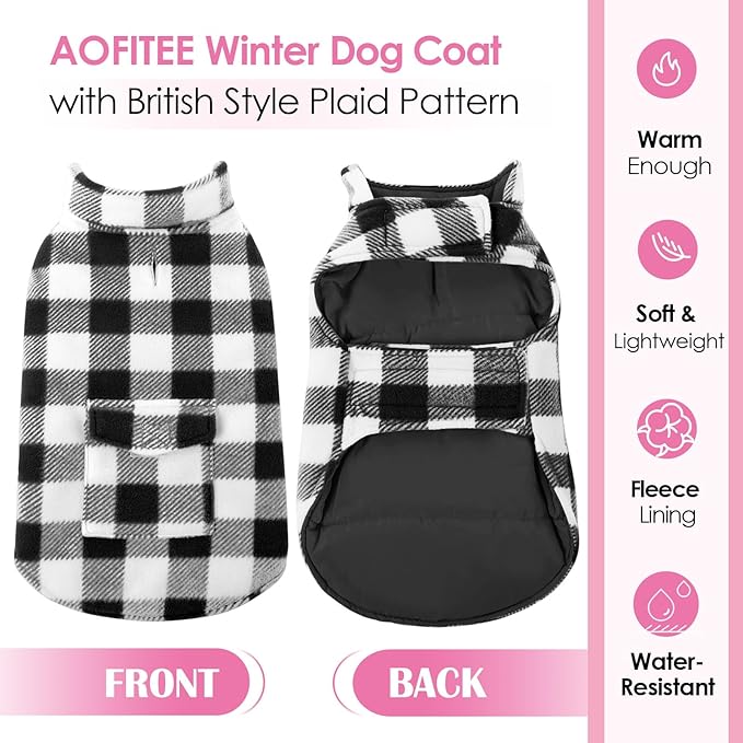 AOFITEE Dog Coat Plaid Dog Winter Coat for Small Dogs, Warm Dogs Jacket Christmas Sweater, Waterproof Pet Puffer Jacket, Reversible Pet Cold Weather Coats for Small Medium Large Pets, Black L