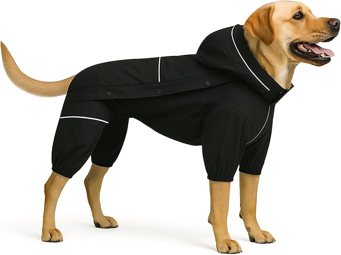 LOVELONGLONG Fleece-Lined Dog Raincoat with Removable Hood – Waterproof Winter Full Body Dog Jacket – Windproof Snowproof Cold-Weather Suit – Black-F 4XL