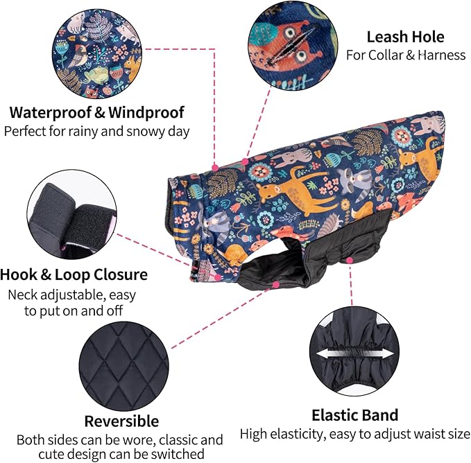 CuteBone Winter Jacket for Dogs - Reversible, Windproof & Waterproof, Thick & Soft, Adjustable, Small to Large Sizes, Cold Weather Coats with Leash Hole