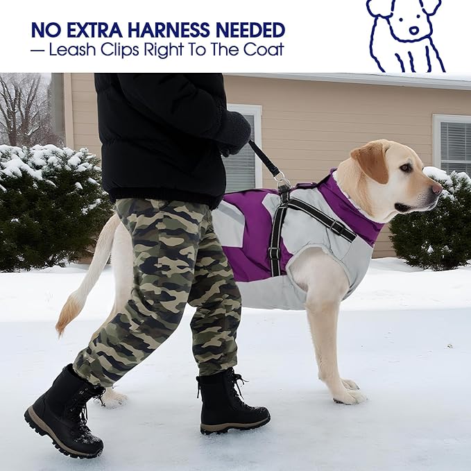 FUAMEY Dog Winter Jackets for Medium Dogs,Dog Coat with Harness Built in,Waterproof Dogs Snowsuits Warm Pet Jacket Zip Up Fleece Cold Weather Coats Reflective Puppy Vest with Pocket Purple M