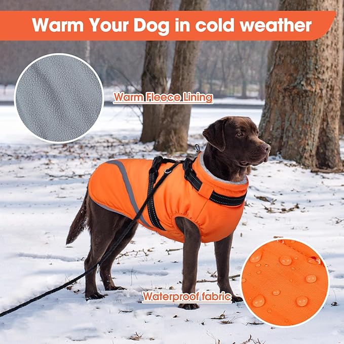 BRKURLEG Dog Winter Jackets for Medium Dogs, Dog Coat with Harness Built in, Dogs Snowsuits with Zipper, Waterproof Windproof Pet Puffer Jacket Fleece Vest for Beagle, Pug, Orange L