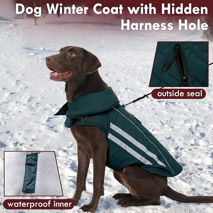 Dog Jacket for Large Dogs Winter Coat with Harness Hole Waterproof Reflective Turtleneck Snowsuit Adjustable Hook & Loop Cold Weather Coats for Dogs Border Collie Pitbull, Green 2XL