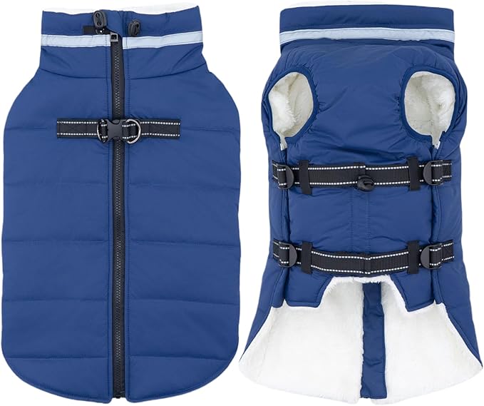 Small Dog Coat with Harness Built-in, Waterproof Reflective Fleece Lined - Warm Windproof Winter Jacket with Back Zipper, Cold Weather Snow Dog Coats - Blue - S
