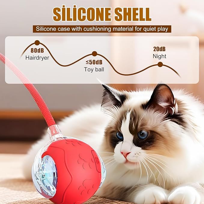 Interactive Cat Toys Ball for Indoor Cats, 2025 Newly Upgraded Automatic Rolling Balls, Moving Cat Ball with Elastic Mesh Tail, Kitten Toys for for Bored Indoor Adult Cats/Dog (Grey)