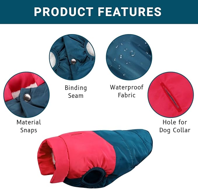 ASENKU Dog Winter Coat - Waterproof Windproof Dog Jacket, Warm Snowproof Doggie Puffer Vest for Cold Weather, Lightweight Snow Coats for Small Medium Large Dogs (Red&Navy, S)