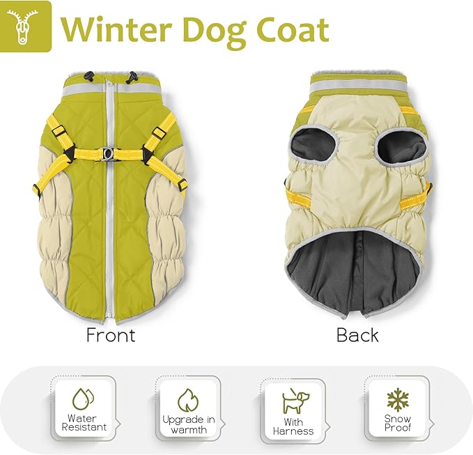 Dog Winter Coat with Harness, Dog Jacket, Pet Clothes with Zipper on Back, Waterproof Windproof Warm Vest, Reflective Cold Weather Coats, for Small Medium Large Dogs, Thick, Green, XL
