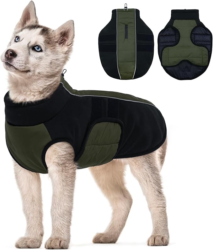 Kuoser Dog Jackets for Small Dogs, Warm Dog Coat with Harness Built in, Puppy Winter Jacket Pet Clothes for Cold Weather, Reflective Waterproof Doggie Winter Vest for Pug Dachshund, Green S
