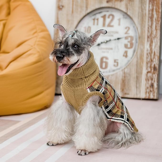 PUPTECK Dog Sweaters for Large Medium Small Dogs - Fall Classic Plaid Style Puppy Holiday Winter Coat Clothes Warm, Cream, XL