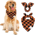 E-Clover Fall Dog Bandana & Matching Scrunchie-Orange Black Dog Bandanas Plaid Pet Scarf Bib for Medium Large Dogs Girl Boy Owner Gift Orange Black