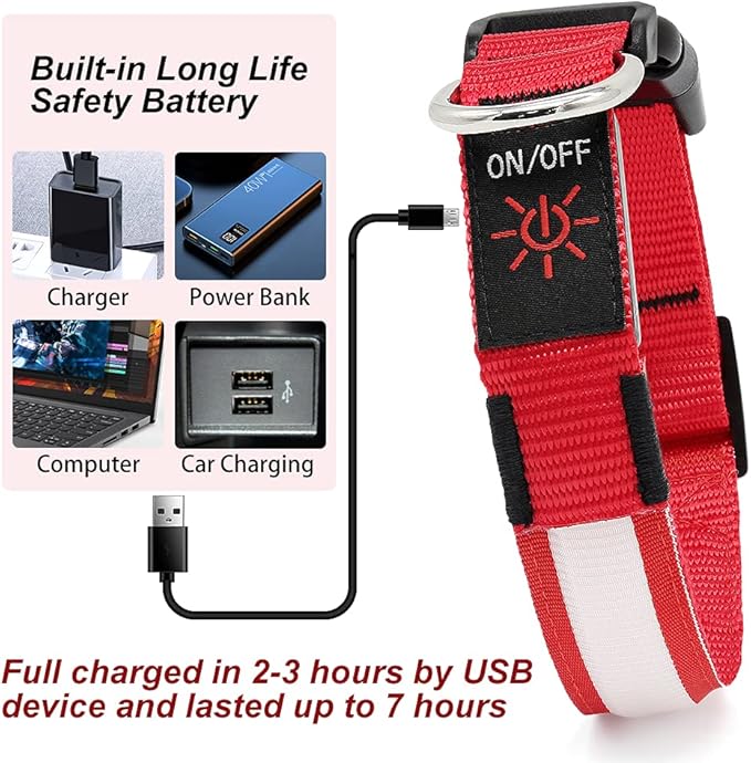 YFbrite Ultra Light Adjustable LED Dog Collar, Light up Dog Collars Rechargeable Glowing in The Dark Collars Visiblity & Safety for Small, Medium, Large Dogs (Red, X-Large)
