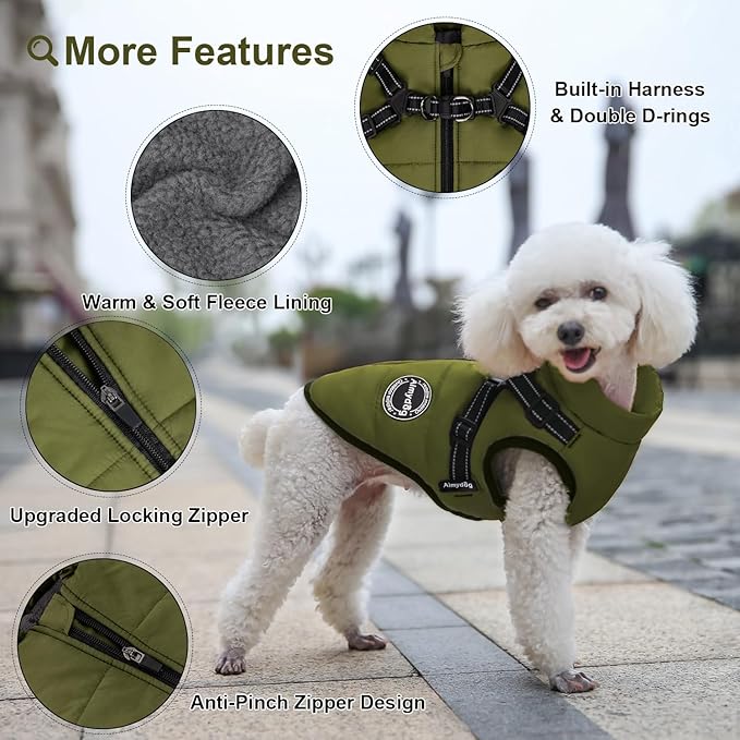 Warm Dog Winter Coat, Fashion Pet Cold Weather Jacket with Built-in Harness, Reflective & Adjustable Comfortable Pet Vest, Windproof Apparel for Small Medium Large Dogs (Green)