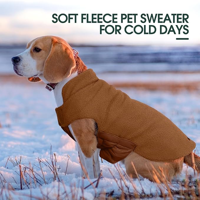 Kuoser Reversible Dog Coat – Warm Fleece & Quilted Waterproof Dog Jacket, Double-Sided Cold Weather Dogs Winter Coat with Harness Hole, Windproof Pet Snow Vest for Small Medium Large Dogs, Brown XL