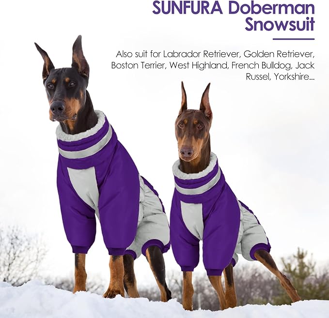 SUNFURA Full Body Dog Coat - Warm Fleece Jacket for Medium Dogs, Turtleneck Winter Coats with Harness, Reflective Dog Snowsuit Windproof Puffer Jackets with Legs for Boston Terrier, Purple M