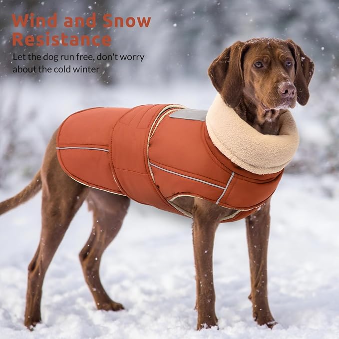 ASENKU Warm Dog Coat, Waterproof Dog Jackets for Large Dogs with Reflective Fleece Vest Turtleneck with Button, Windproof Cold Weather Coats for Small Medium Large Dogs, Red Brown, L