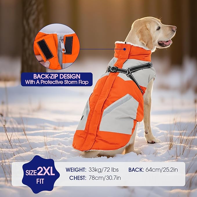 FUAMEY Dog Winter Jackets for Large Dogs,Dog Coat with Harness Built in,Waterproof Dogs Snowsuits Warm Pet Jacket Zip Up Fleece Cold Weather Coats Reflective Puppy Vest with Pocket Orange XL