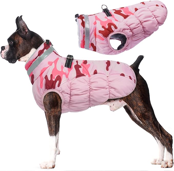 Lelepet Warm Dog Winter Coat Dog Coats for Large Dogs Waterproof Dogs Jacket with Harness Built in Reflective Cold Weather Coats Zip-Up Winter Fleece Vest Snowsuit Boston Terrier Pink Camo L