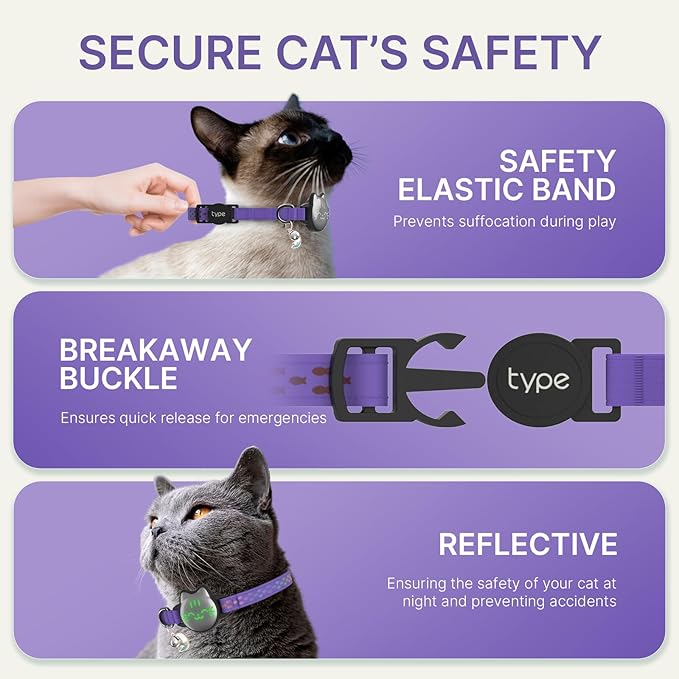 Waterproof Airtag Cat Collar, Breakaway Cat Airtag Collar with Luminous & Reflective Pattern Strap, Lightweight Kitten Collars for Apple Air tag, Hidden Holder for GPS Tracker - Cats, Kittens (9-13")
