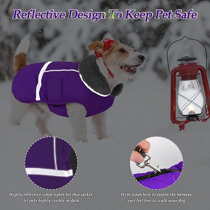 Dogcheer Warm Dog Coat, Christmas Dog Jacket Waterproof Puppy Winter Coat with Buckles, Reflective Adjustable Pet Snow Jacket Turtleneck Fleece Sweater for Small Medium Large Dogs - Purple, M