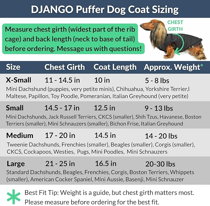 DJANGO Reversible Puffer Dog Coat – Warm Winter Dog Jacket & Water-Repellent Insulated Dog Coat with Harness Hole, Windproof, Adjustable Fit Vest for Small & Medium Dogs, Dachshunds – Black, Medium