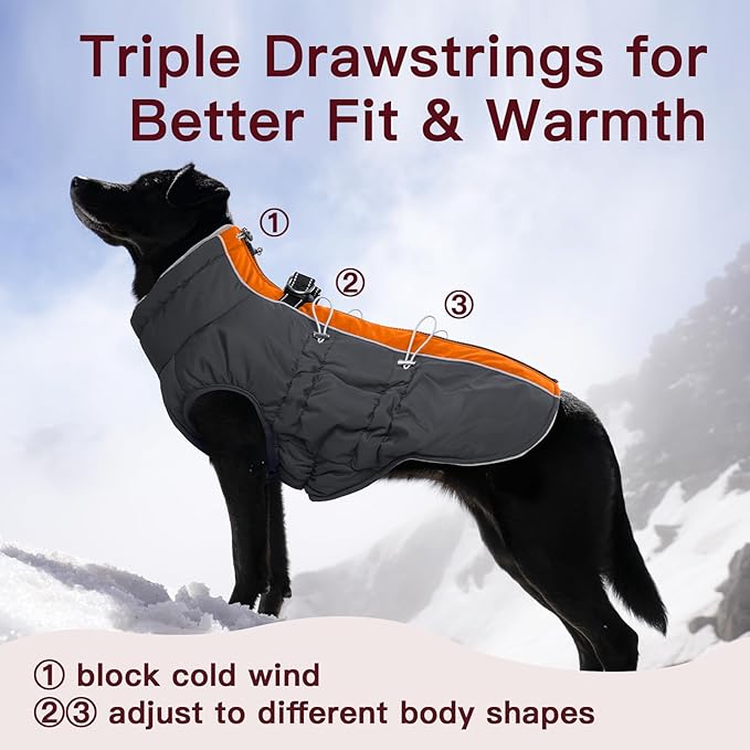 Dog Winter Jacket - Large, Warm Zip Up Snowsuit Dog Harness Vest, Reflective, Water-Resistant, Orange-Gray