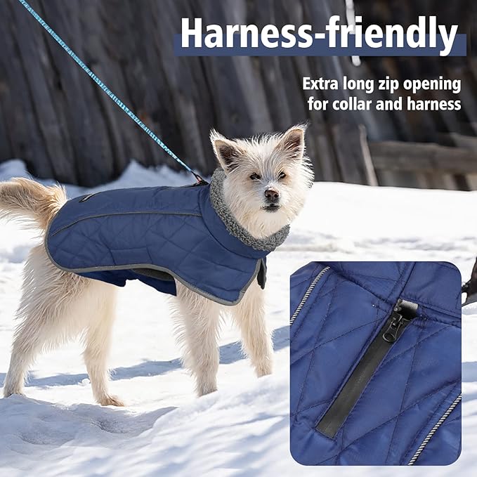Fragralley Dog Coat Large, Waterproof Dog Jacket with Warm Fleece Lining, Adjustable Reflective Dogs Winter Coat, Turtleneck Pet Coats for Cold Weather (Blue XL)