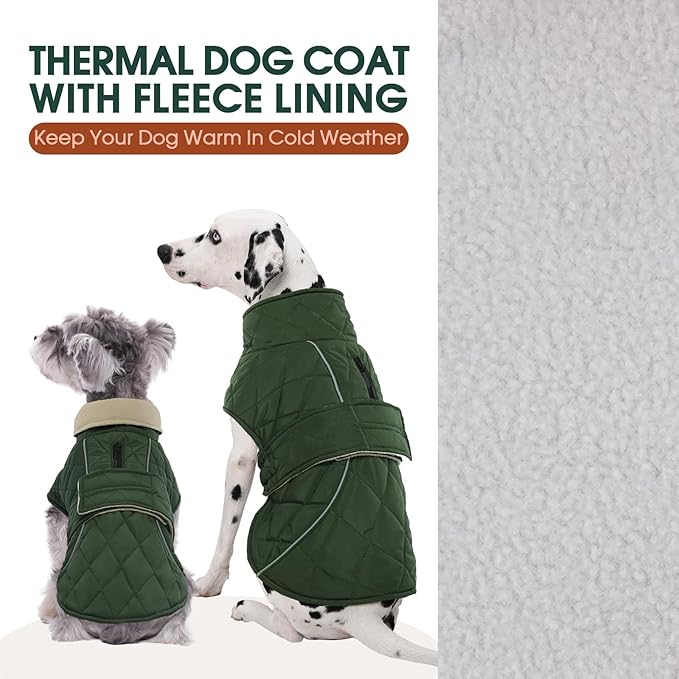 Kuoser Extra Warm Dog Coat, Windproof Cold Weather Jacket for Large Dogs, Fleece Lining Christmas Dog Jacket Pet Turtleneck Snowsuit with Reflective Strips Adjustable Winter Outfit, Green XL