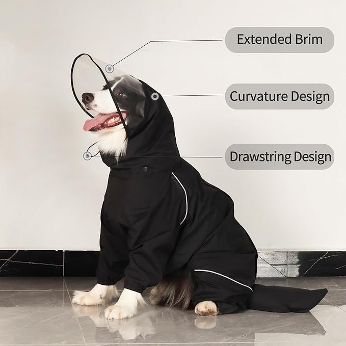 Dog Raincoat for Medium Large Dogs,rain Jacket Coat, Full Leg Coverage Waterproof Rain Suit with Detachable Hood & Tail, Reflective Strips, Snag-Free Top Zipper (Black for Boy, XX-Small)