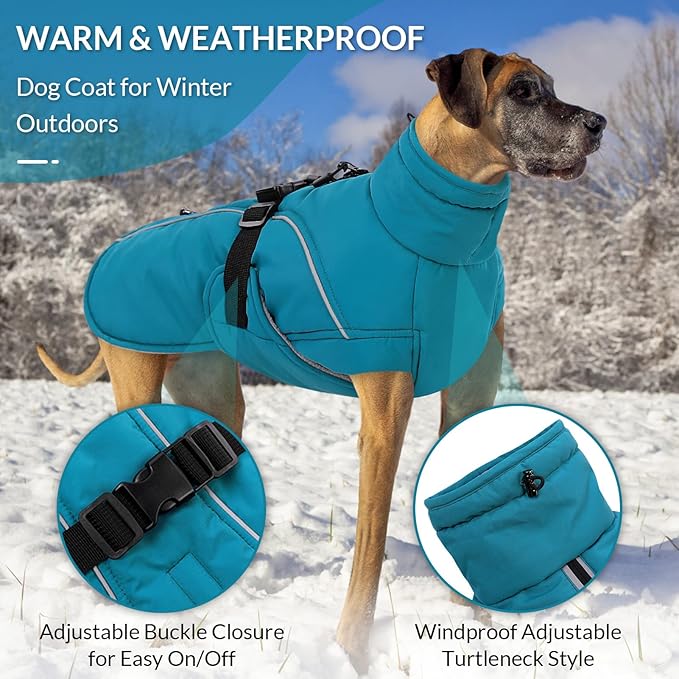 Queenmore XXL Dog Coat, Winter Jacket for Large Dogs, Waterproof Puffy Snowsuit, Adjustable Reflective Fleece Lining Warm Padding Parka for Cold Weather, Blue 2XL