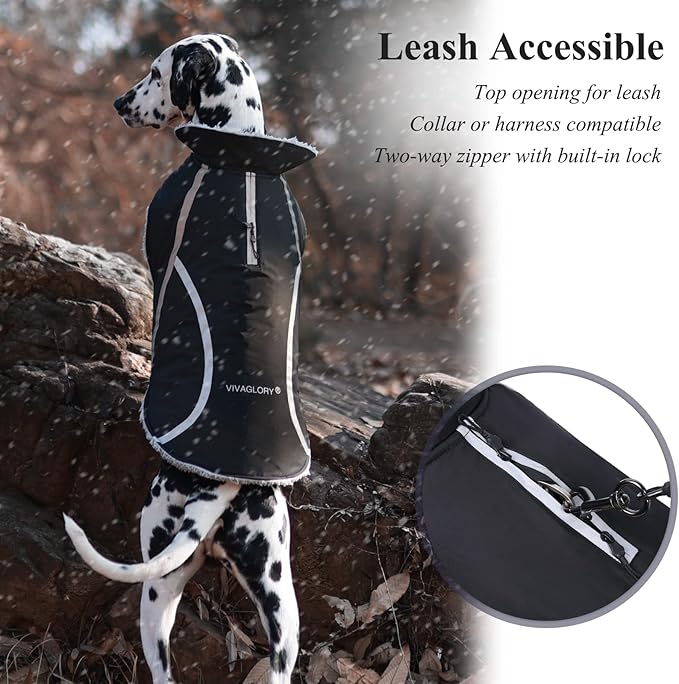 VIVAGLORY Frostfit Dog Coat, Dog Jacket for Winter & Cold Weather, Warm Fluffy Fleece Lined Water Resistant Reflective for Puppy, Coat with Velcro Fastening & Leash Hole, L, Black