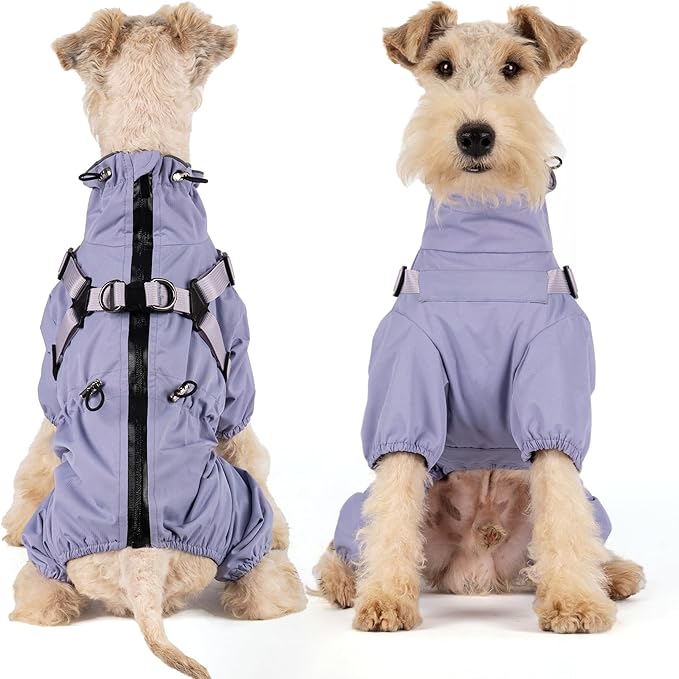 Mile High Life Waterproof Dog Raincoat, Full Coverage Small Dog Rain Coat with Harness, Adjustable 4 Legs Puppy Rain Jacket with Reflective Strip and Elastic Cuffs (Purple, XXS Back Length 9.8")