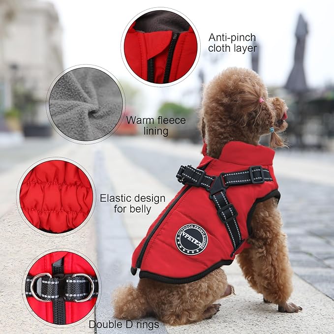 Dog Winter Coat, Warm Padded Fleece Vest with Built-in Harness, Waterproof Windproof Reflective Cozy Snow Pet Coat Clothes for Small Medium Dogs