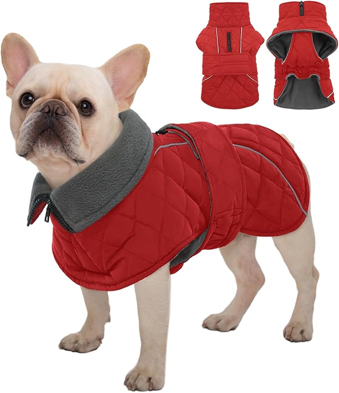 Kuoser Extra Warm Dog Coat, Windproof Cold Weather Jacket for Small Dogs, Fleece Lining Turtleneck Dog Jacket Pet Christmas Snowsuit Puppy Reflective Adjustable Winter Clothes, Red S