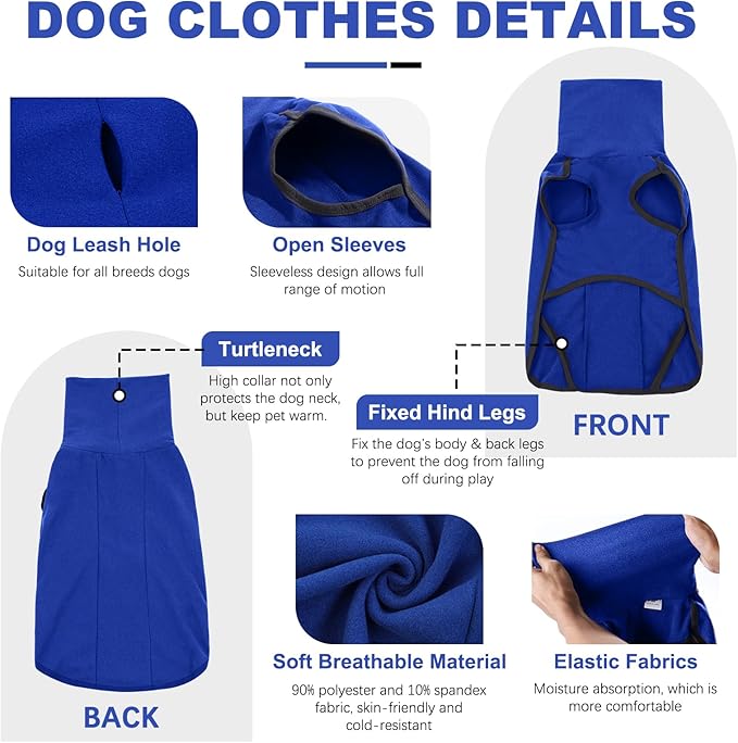 ROZKITCH Dog Fleece Vest with Leash Hole, Pet Windproof Warm Cold Weather Jacket Vest Cozy Jumpsuit Apparel Outfit Clothes for Walking Hiking Travel Sleep Blue 2XL