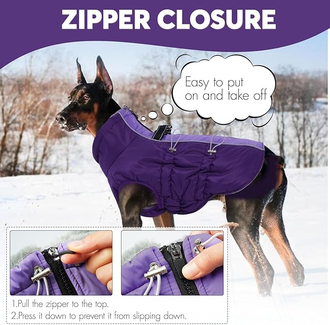 IDOMIK Warm Dog Coat with Harness, Waterproof Reflective Dog Jackets for Small Medium Large Dogs, Fleece High Collar Winter Jacket with Zipper, Pet Winter Snowsuit Clothes for Cold Weather,Purple 3XL