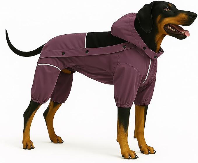 LOVELONGLONG Waterproof Dog Raincoat with Removable Hood – Outdoor Full Body Dog Jacket, Windproof Snowproof Shell Suit – All Season Pet Rain Gear Plum Purple XL