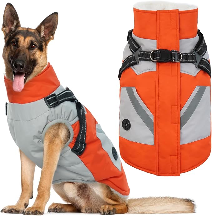 IECOii Dog Jacket Winter Harness Built in -Orange,XXXLarge- Zip Up Dog Coat Winter Clothes for Large Dogs Waterproof, Dogs Snowsuit Snow Jacket D-Rring Labrador German Shepherd Doberman Rottweiler
