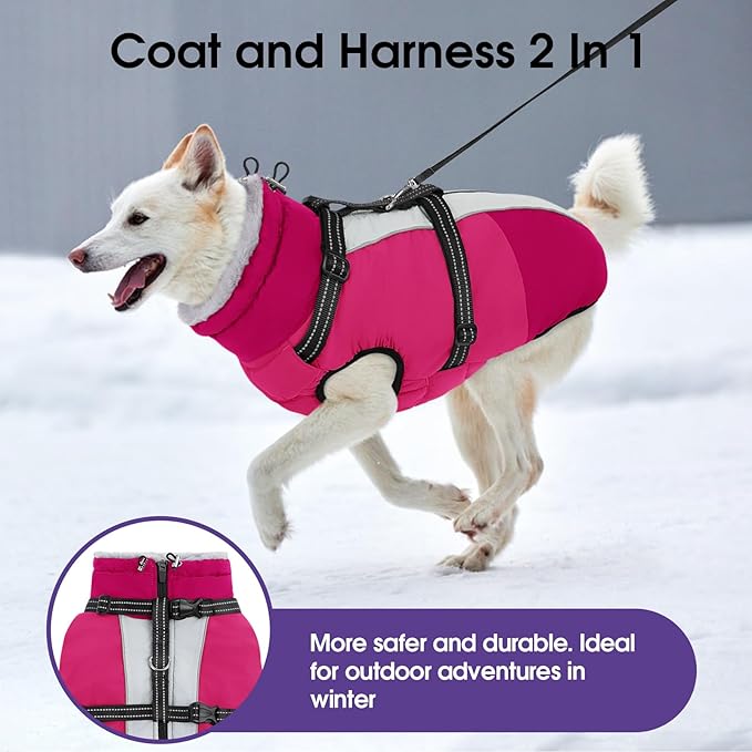 SUNFURA Small Dog Coat with Harness Built-in, Warm Dog Jacket with Zip, Reflective Winter Coat Pet Sweater Clothes for Small Dogs Schnauzer, Yorkshire Terrier, Shih Tzu, Hot Pink S